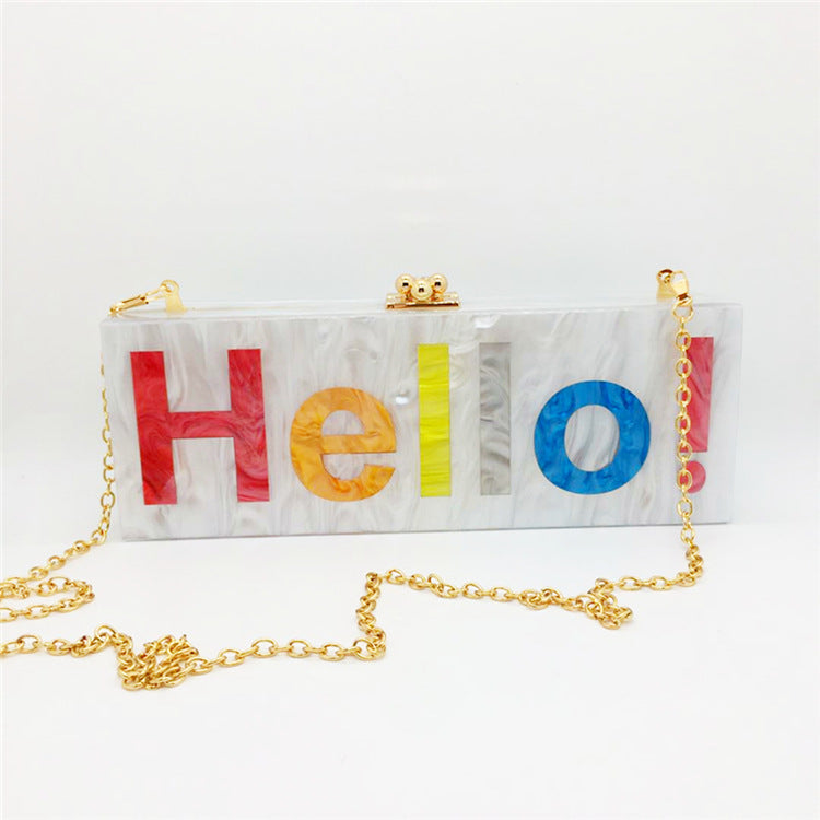 Classic HELLO Letter Acrylic Evening Bag Stitching Contrast Color Women's Clutch Bag Dress Bag