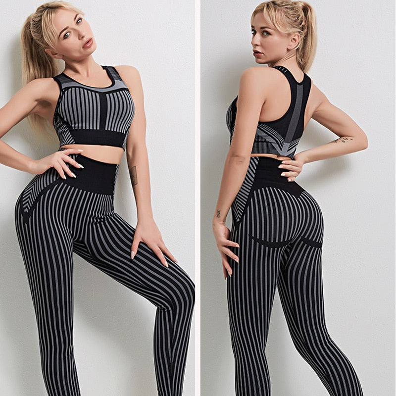 Strip Seamless Women Yoga Set for Fitness Sports Suits Gym Wear Clothing Running Top Bra Leggings Workout Pants Tracksuits