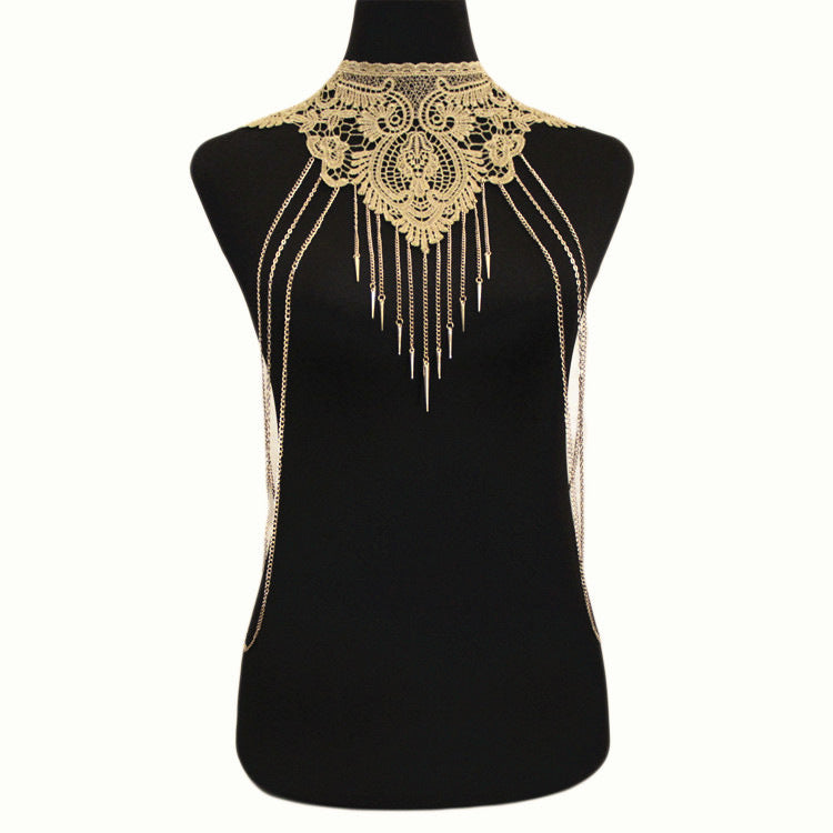 Body chain jewelry with gold lace and multi-layer tassel necklace body chain