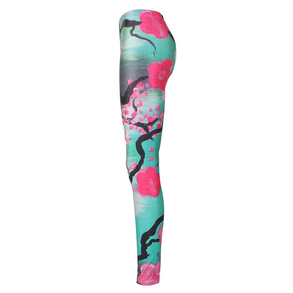 New Arrival  Leggings Women Pink Plum Blossom Digital Print Fitness Leggins Plus Size Elastic Workout Pants Legging