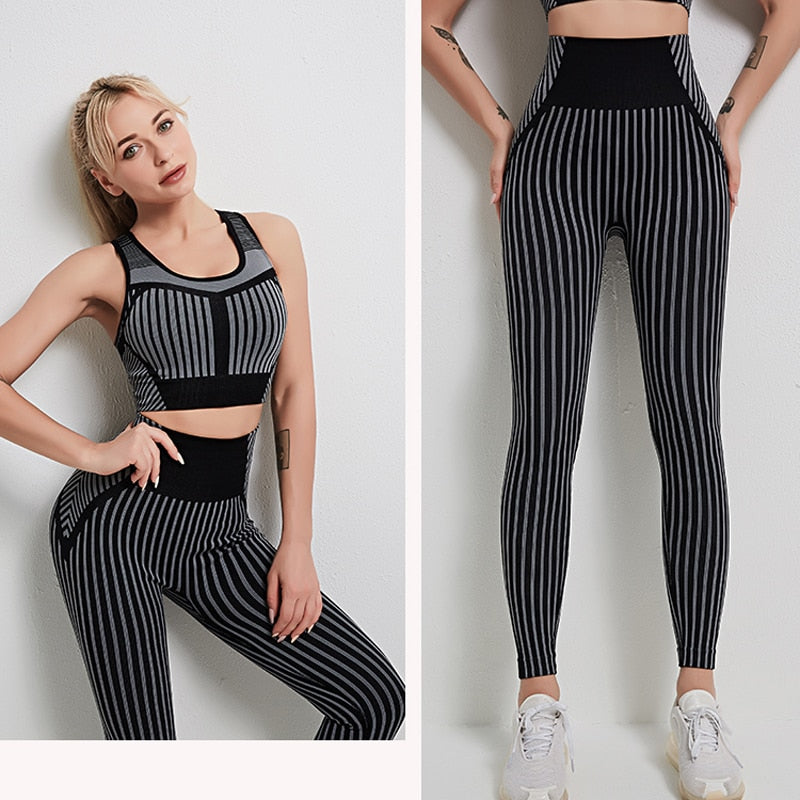 Strip Seamless Women Yoga Set for Fitness Sports Suits Gym Wear Clothing Running Top Bra Leggings Workout Pants Tracksuits