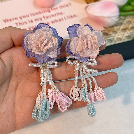 Flower crystal oval hand woven earrings