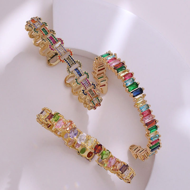 Fashionable full set colored zircon opening bracelet for women's copper plated bracelet