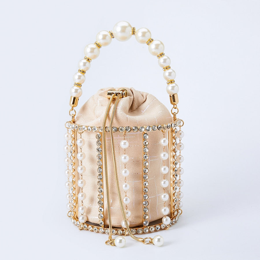 Rhinestone Evening Pearl Clutch Bag Women Luxury Handmade Diamond Beaded Bucket Purses and Handbags Bridal Wedding Party Sweet