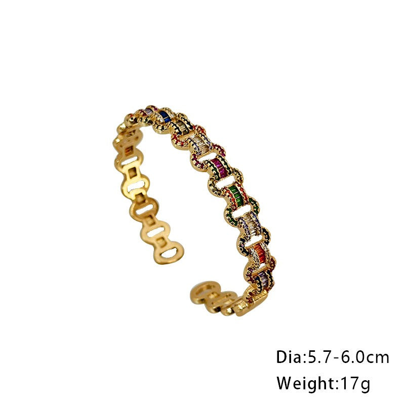 Fashionable full set colored zircon opening bracelet for women's copper plated bracelet