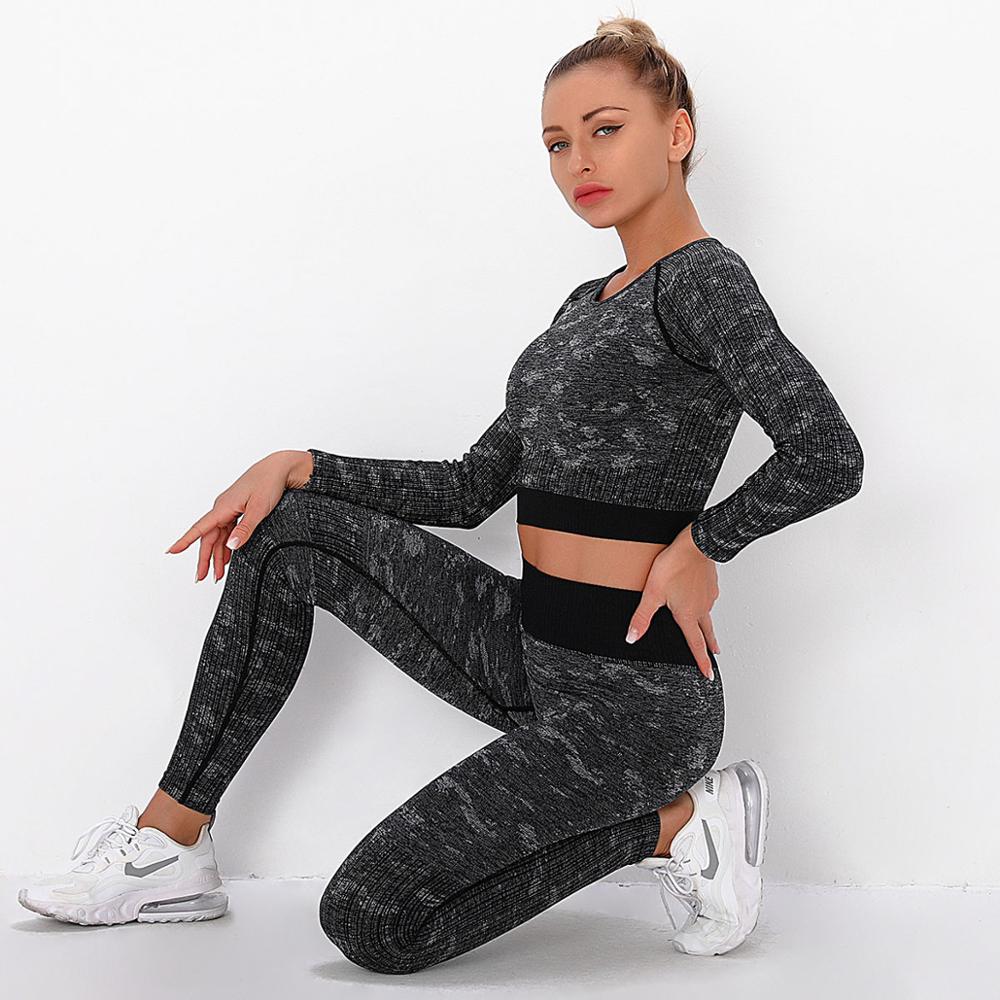 Yoga Sweat Suit 3 Pieces Sportswear Sports Shirts Bra Crop Long Top Leggings Pants Gym Fitness Tracksuit Workout Set