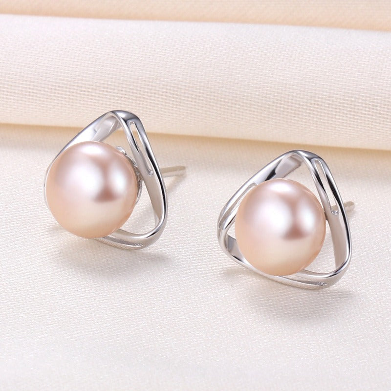 Japanese and Korean Light Luxury Natural Freshwater Pearl Earrings S925 Silver Super Immortal Geometric Hollow Triangle Earrings for Women