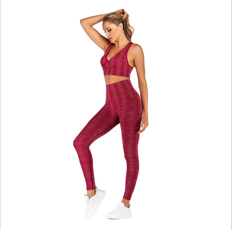 Triangle Striped Front Chest Cross Sexy Fitness Sports Bra Tight-fitting Hip Yoga Pants Seamless Two-piece Set