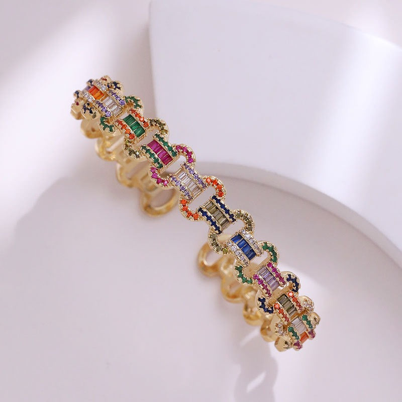 Fashionable full set colored zircon opening bracelet for women's copper plated bracelet