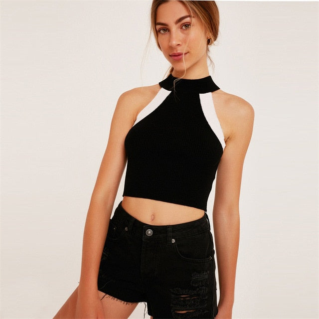 InstaHot Halter Cold Shoulder Elastic Crop Tops Women Sexy 2018 Autumn Knitted Patchwork Sleeveless Tank Top Summer Streetwear