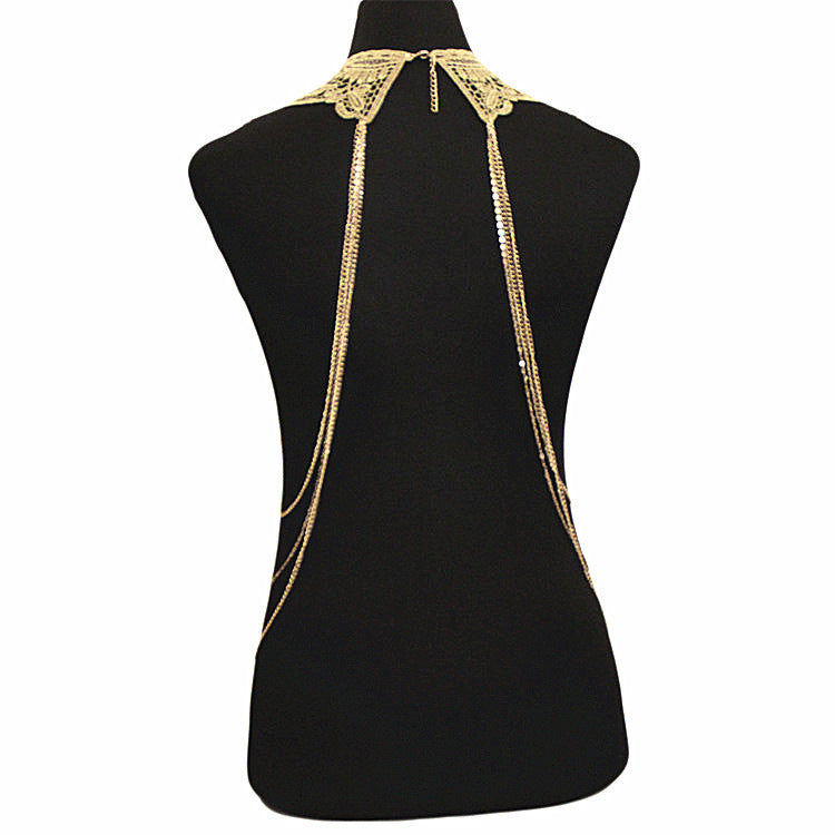 Body chain jewelry with gold lace and multi-layer tassel necklace body chain