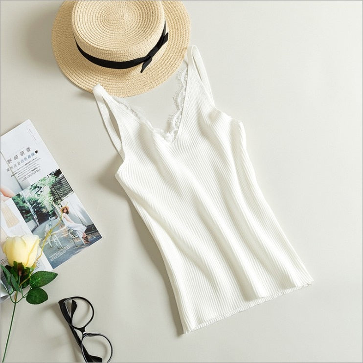 Women Hook Flower Lace Tank solid Stitching V-neck Camis Female Knitted Short Slim Sleeveless Shirt Tank Casual Tops