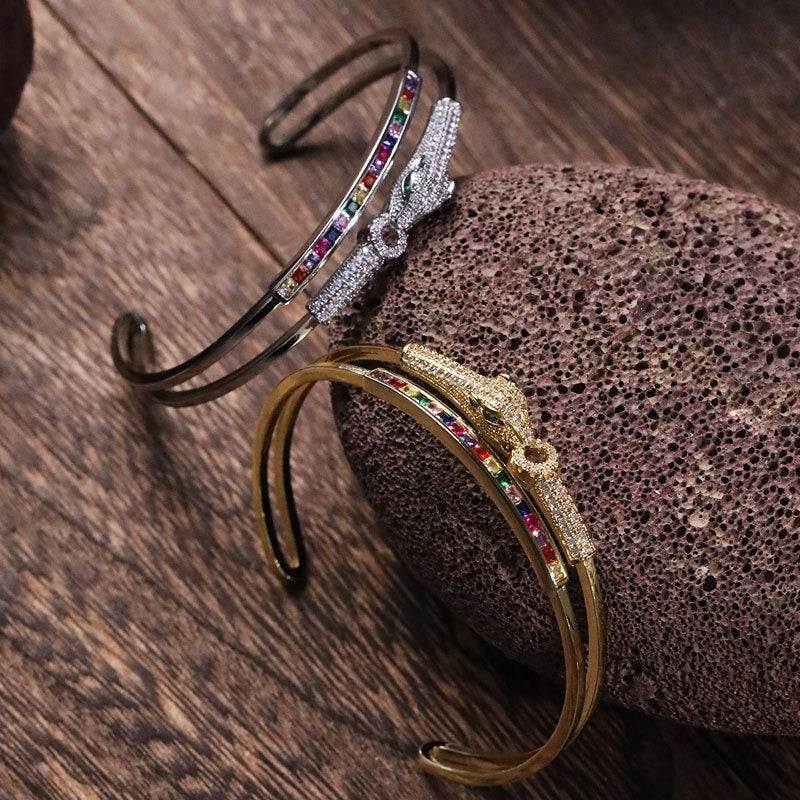 Fashionable copper micro inlaid hip-hop double layer open leopard head bracelet