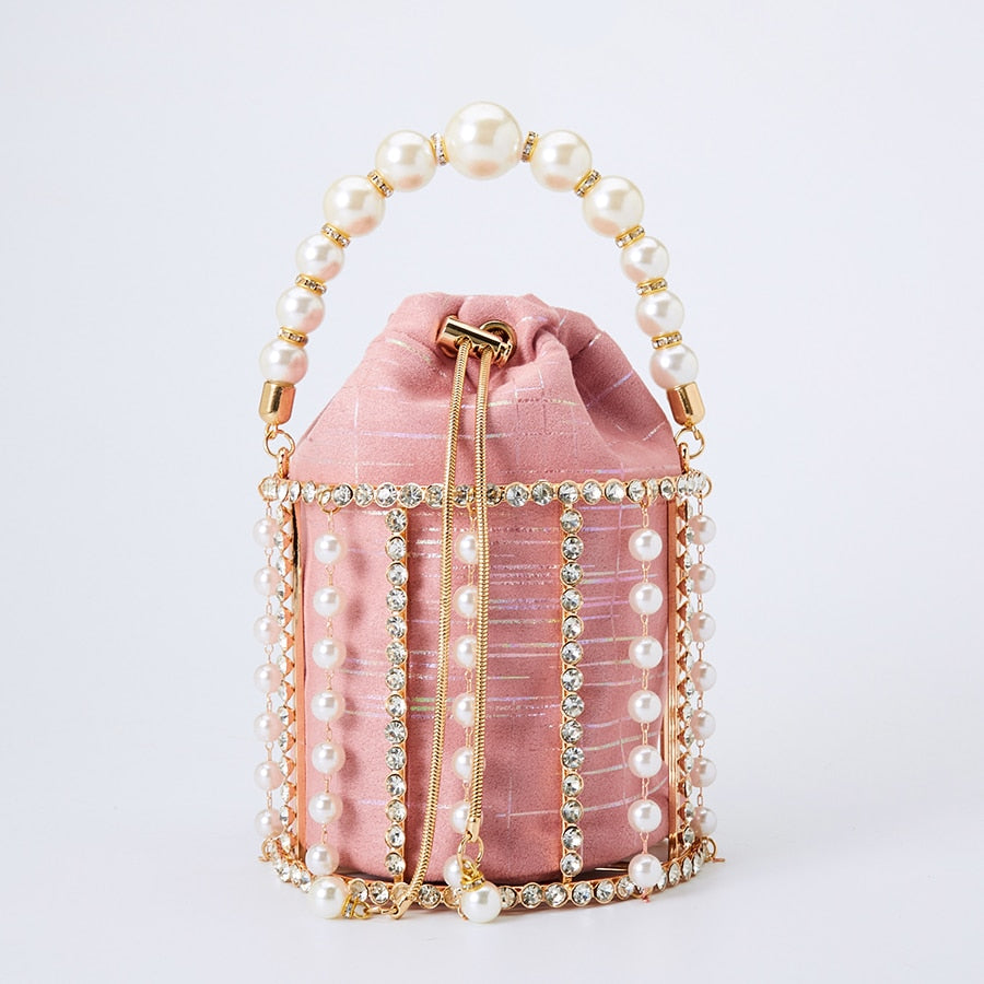 Rhinestone Evening Pearl Clutch Bag Women Luxury Handmade Diamond Beaded Bucket Purses and Handbags Bridal Wedding Party Sweet