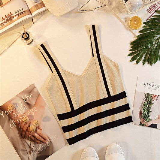 Summer Women Fashion Knitting Stripe Tank Crop Tops Female Knitted Stretchy Cropped Camisole Sleeveless Short T shirts