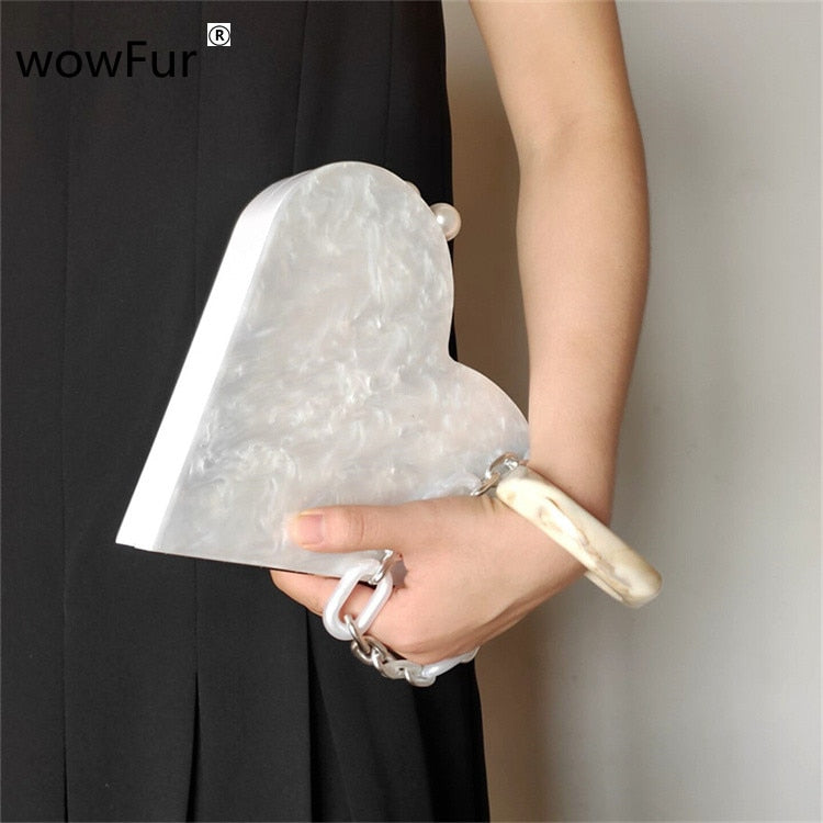 Mother Of Pearl White Acrylic Box Clutches Heart Fashion Designer Bag Luxury Women's Bags Short Handles Wedding Evening Purse