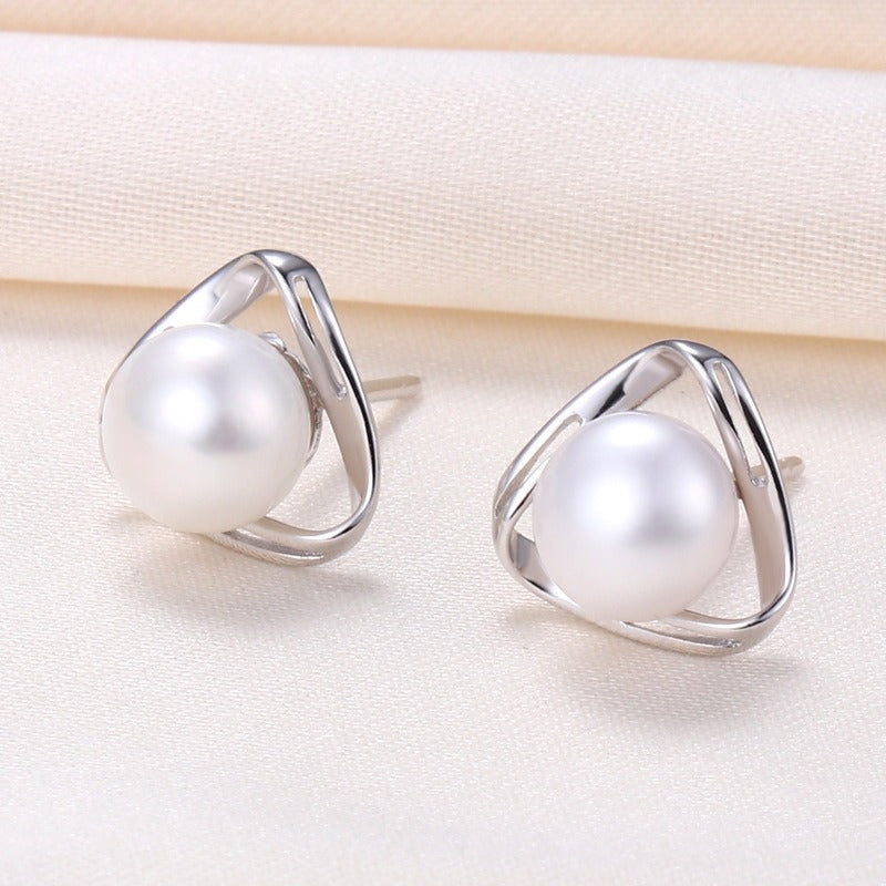 Japanese and Korean Light Luxury Natural Freshwater Pearl Earrings S925 Silver Super Immortal Geometric Hollow Triangle Earrings for Women