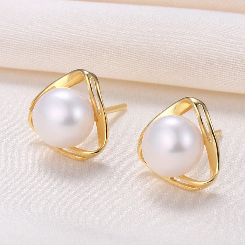 Japanese and Korean Light Luxury Natural Freshwater Pearl Earrings S925 Silver Super Immortal Geometric Hollow Triangle Earrings for Women