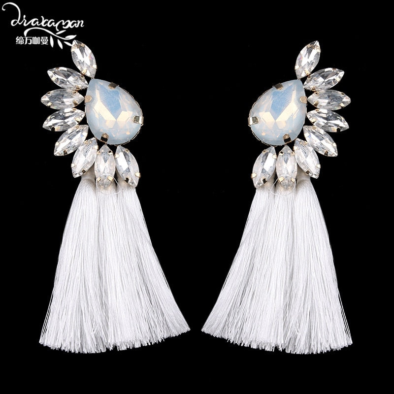 Dvacaman Brand Ethnic Long Tassel Earrings Women Boho Colorful Crystal Rhinestone Drop Women Statement Party Jewelry YY17