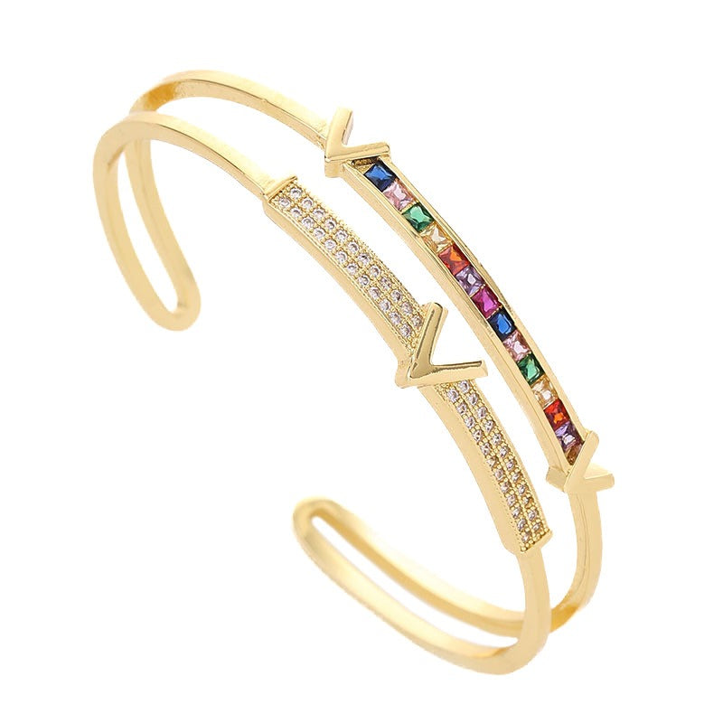 Copper inlaid colored zircon double-layer bracelet with electroplated V-shaped opening bracelet