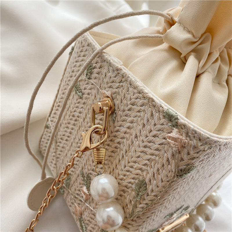 Pearl Handbag Women's New Trendy Small Square Bag Fashion Chain Shoulder Bag Summer Net Red Woven Bucket Bag