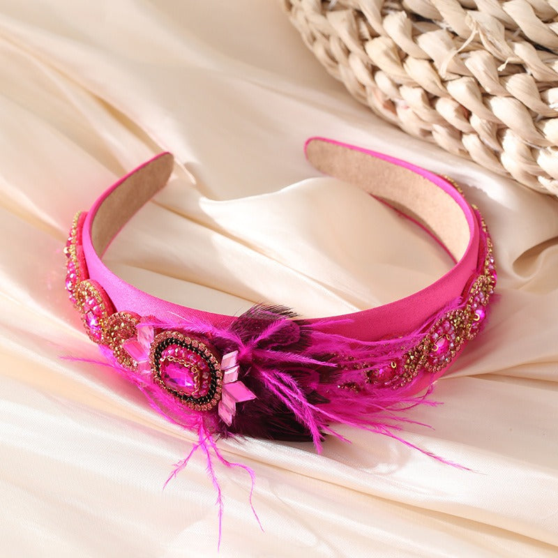 Fashionable Baroque style women's feather headband with rhinestones inlaid