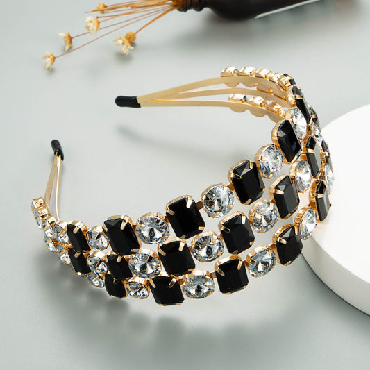 Personality Exaggerated Metal Three-Row Black And White Super Flash Glass Drill Headband Fashion Ball Bride Pressure Hair Headband Woman