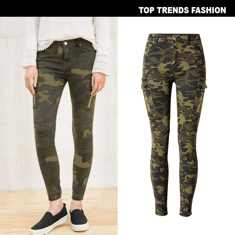 Women's Mid Waist Stretch Slim Fit Camo Jogger Pants Side Pocket Zipper Aviator Casual Denim Pennies