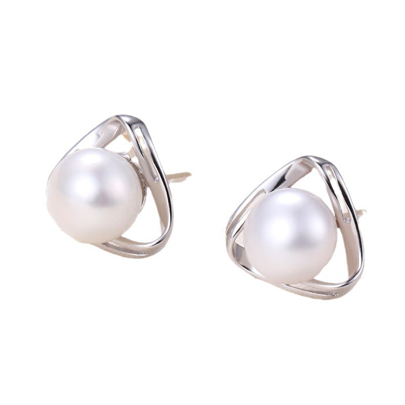 Japanese and Korean Light Luxury Natural Freshwater Pearl Earrings S925 Silver Super Immortal Geometric Hollow Triangle Earrings for Women