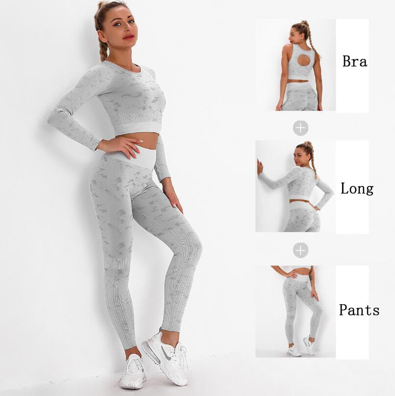 Yoga Sweat Suit 3 Pieces Sportswear Sports Shirts Bra Crop Long Top Leggings Pants Gym Fitness Tracksuit Workout Set