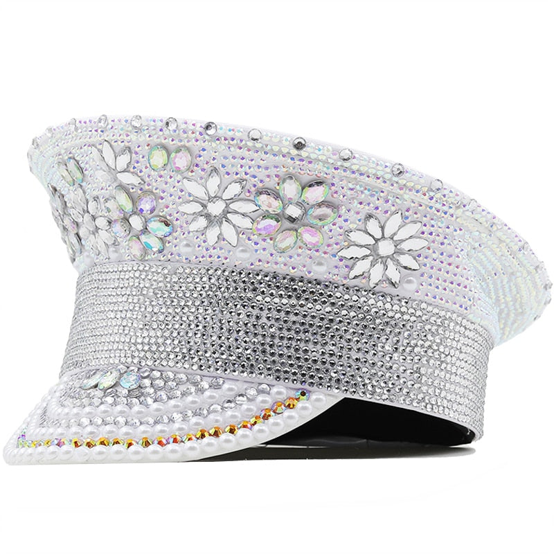 Women's Wedding Versatile Gold Diamond Police Hat Duck Tongue Hat Party Carnival Flat Hat Performance Hat