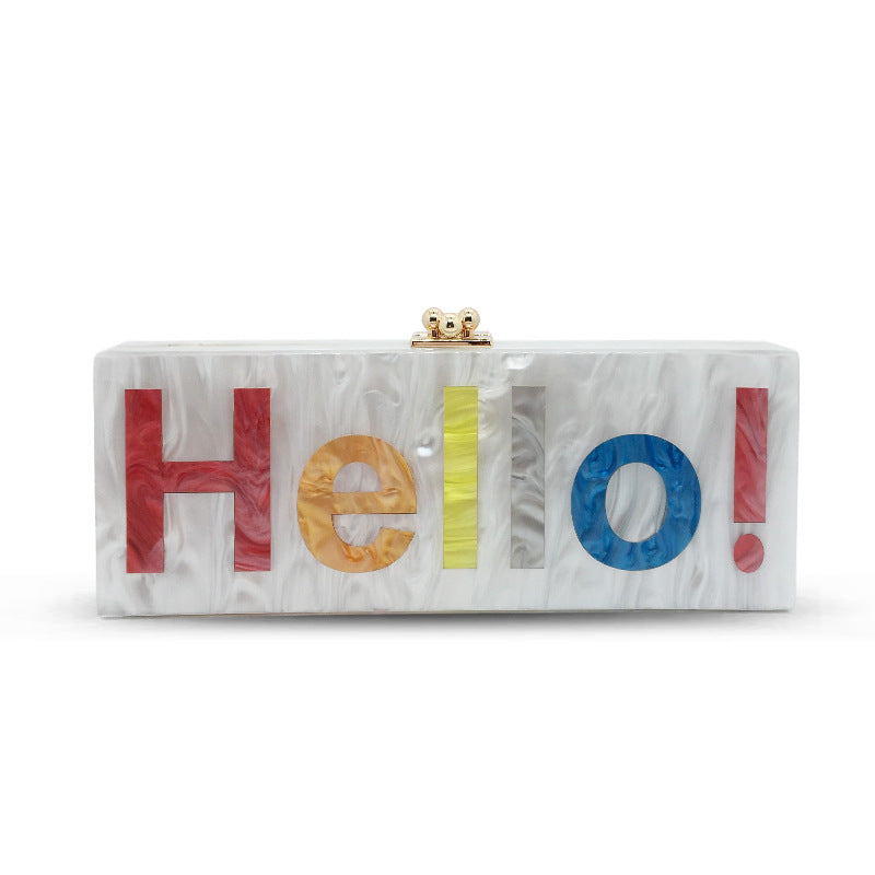 Classic HELLO Letter Acrylic Evening Bag Stitching Contrast Color Women's Clutch Bag Dress Bag