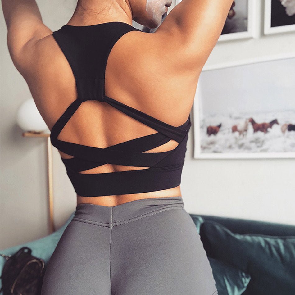 Cross back strappy sports bra Push Up Padded Gym Bra Workout backless yoga top bra fitness high impact yoga crop top active wear