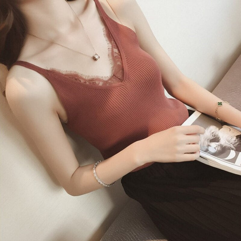 Women Hook Flower Lace Tank solid Stitching V-neck Camis Female Knitted Short Slim Sleeveless Shirt Tank Casual Tops