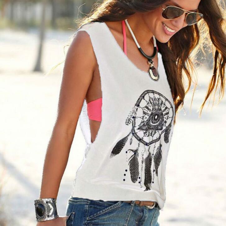 Sexy Women Tank Tops Short Vest Dreamcatcher Printed Sleeveless Summer New Black O-Neck Crop Top Casual Cool Girl Hip Hop Tees