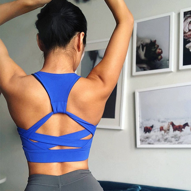 Cross back strappy sports bra Push Up Padded Gym Bra Workout backless yoga top bra fitness high impact yoga crop top active wear