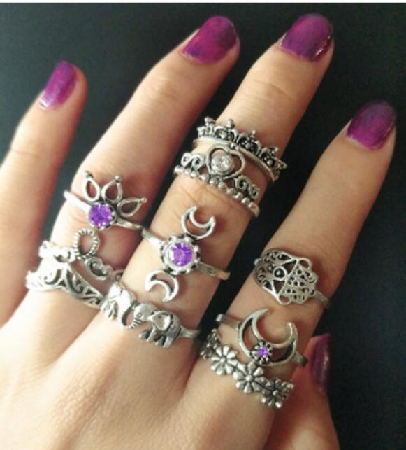 Vintage Knuckle Rings for Women Boho Geometric Flower Crystal Ring Set Bohemian Midi Finger Jewelry Bague Femme