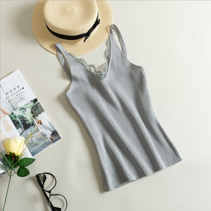 Women Hook Flower Lace Tank solid Stitching V-neck Camis Female Knitted Short Slim Sleeveless Shirt Tank Casual Tops