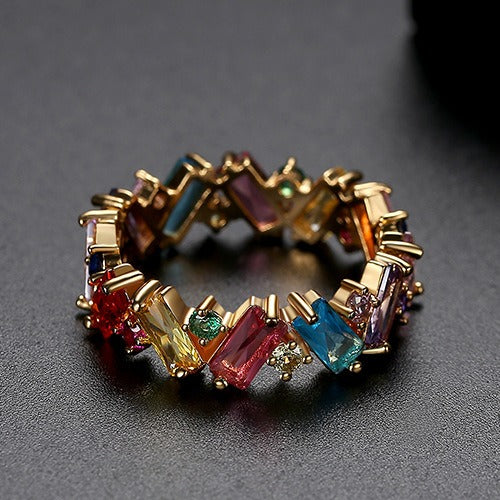 Diamond Geometry Zircon Ring, European and American Fashion Colored Zircon Rainbow Women's Ring Ring