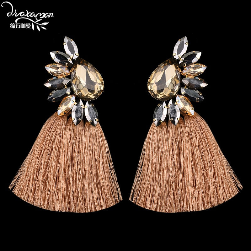 Dvacaman Brand Ethnic Long Tassel Earrings Women Boho Colorful Crystal Rhinestone Drop Women Statement Party Jewelry YY17