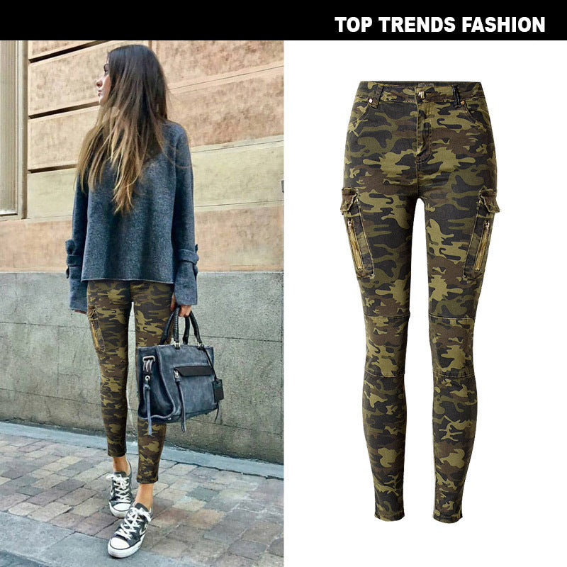 Women's Mid Waist Stretch Slim Fit Camo Jogger Pants Side Pocket Zipper Aviator Casual Denim Pennies