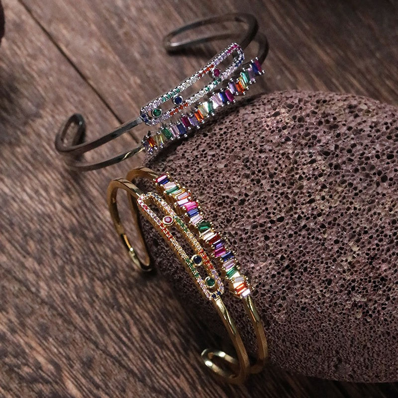 Copper Inlaid Colorful Zircon Open Bracelet