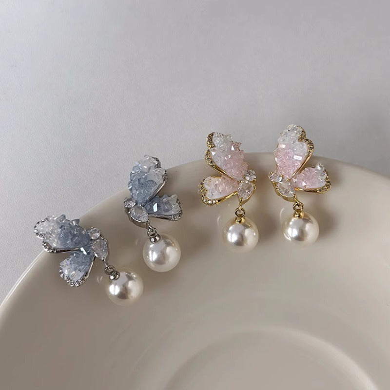 Niche Design Blue Crystal Butterfly Pearl Earrings, Female Style, Sweet and Versatile, Western style Earrings and Earrings