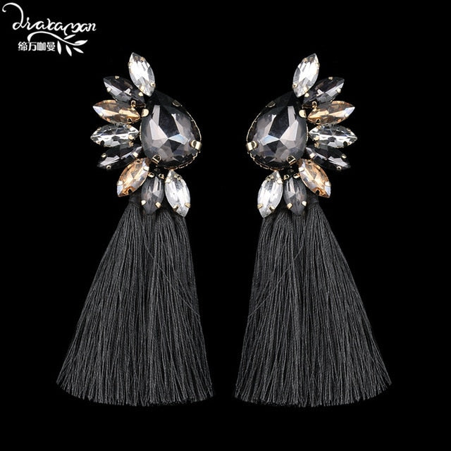 Dvacaman Brand Ethnic Long Tassel Earrings Women Boho Colorful Crystal Rhinestone Drop Women Statement Party Jewelry YY17