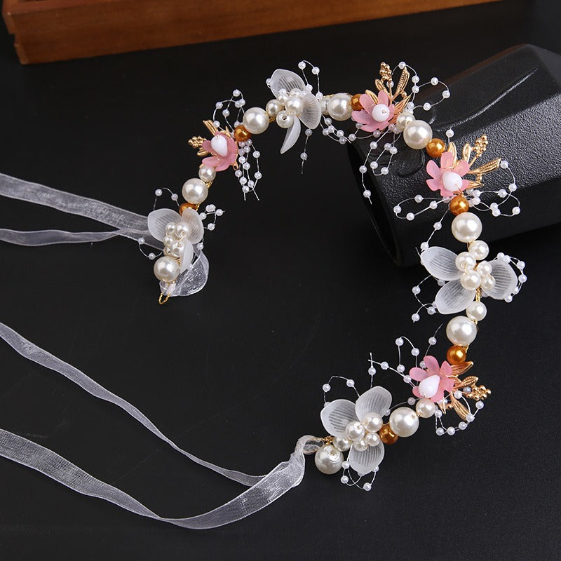 Super Immortal Gold Leaf Headband Flower Flower Wreath Pearl Hair Band Crown Sweet Wedding Dress Childrens Headwear