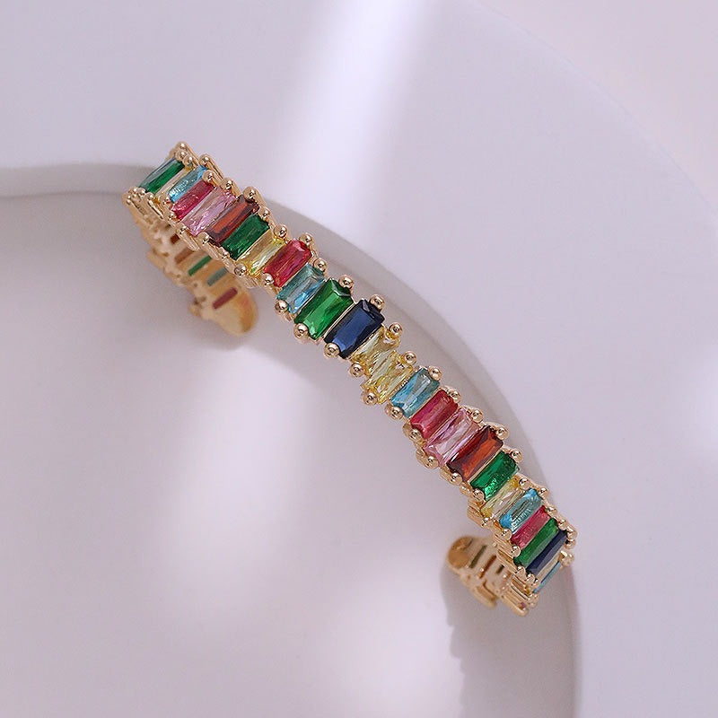 Fashionable full set colored zircon opening bracelet for women's copper plated bracelet