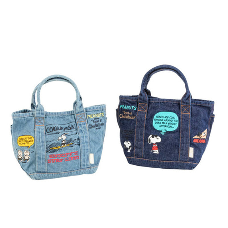 Snoopy Denim Canvas Handbag Cartoon Cute Embroidery Small Portable Hand Bag Lunch Box Bag