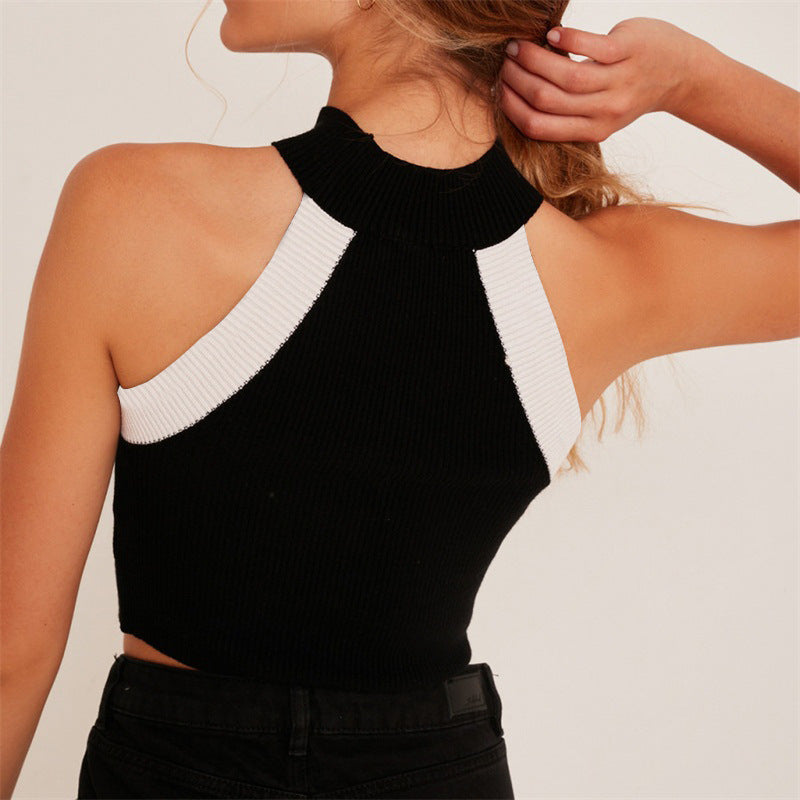 InstaHot Halter Cold Shoulder Elastic Crop Tops Women Sexy 2018 Autumn Knitted Patchwork Sleeveless Tank Top Summer Streetwear