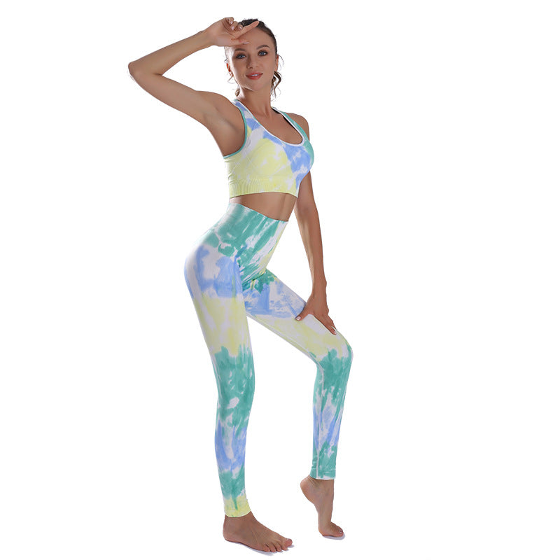 Seamless Yoga Suit Women's New Tie Dye Sleeveless Sports Bra Hip Lifting Leggings Suit