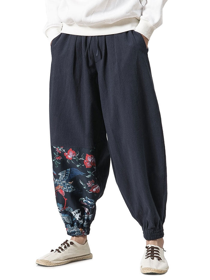 Cotton Linen Chinoiserie Printed Jogger Pants